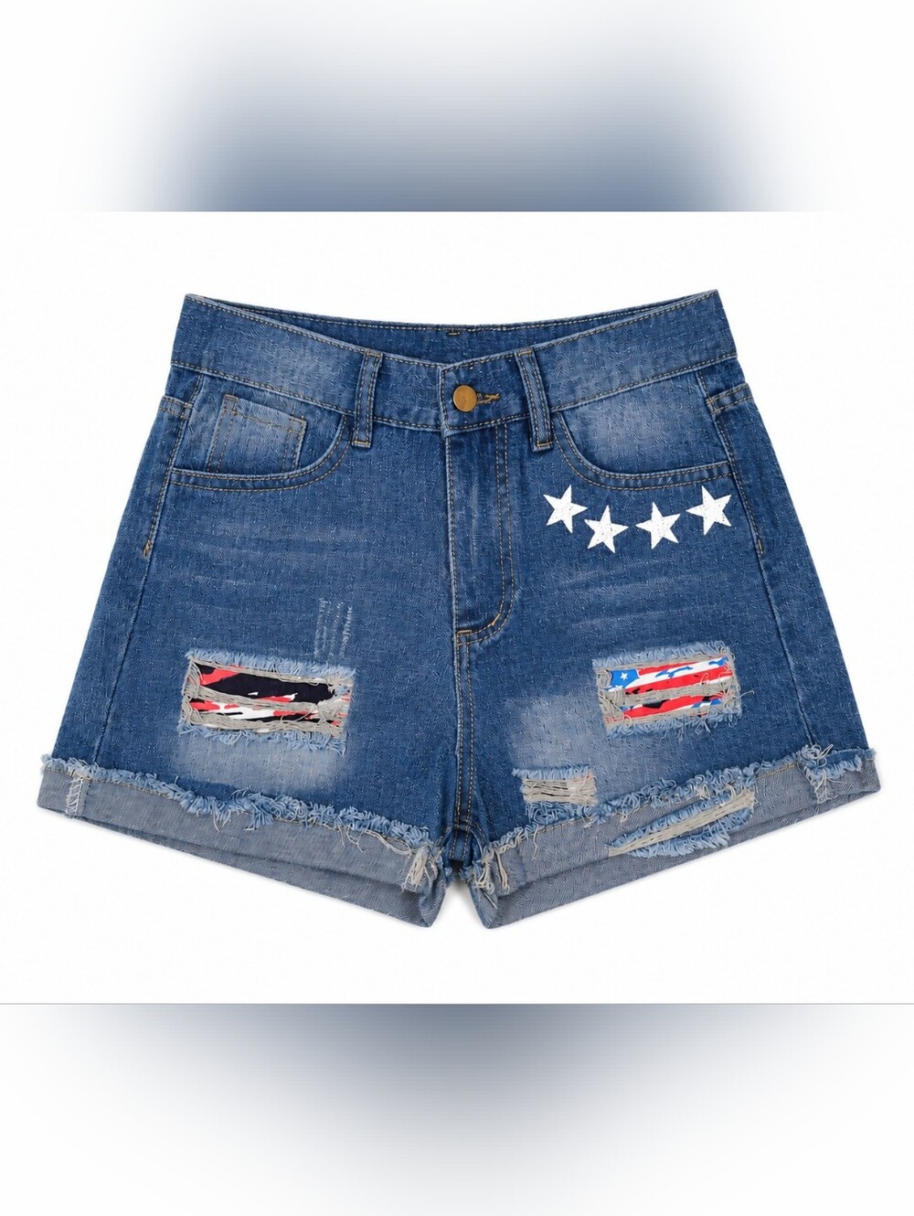 Women's Denim Shorts Star-Embellished Blue Distressed Women's High Rise Small - Picture 1 of 14